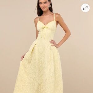 Lulu's Ninetta Light Yellow Floral Jacquard Lace Up Midi Dress